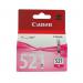 The photograph shows a vibrant magenta Canon CLI-521M ink cartridge, with the brand name and model number clearly visible. The cartridge is designed for use in Canon printers and has a sleek, modern design.