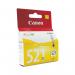 The photo shows a bright yellow Canon CLI-521Y ink cartridge, with the brand name and model number clearly labeled. It is in a rectangular shape with a label on one side and a small opening on the other. The vibrant color is eye-catching and the cartridge appears to be in new condition.