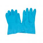 The picture shows a set of 12 medium-sized, blue CaterPack rubber gloves with a smooth texture. The gloves are neatly packed in a transparent box with the CaterPack logo on it. Each glove has a long cuff and a slightly textured surface for better grip.