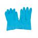 The picture shows a set of 12 medium-sized, blue CaterPack rubber gloves with a smooth texture. The gloves are neatly packed in a transparent box with the CaterPack logo on it. Each glove has a long cuff and a slightly textured surface for better grip.