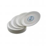 A photo of unbranded disposable plates and bowls would show a pack of 100, 7 inch white paper plates. The plates and bowls have a simple yet functional design and are perfect for any casual event or gathering.