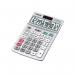 The picture features a Casio calculator with a 12-digit display and desktop design, model JF-120ECO. The calculator has a sleek and modern look with clearly labeled buttons and a large display screen. It is surrounded by a thin black frame and has a green power button.