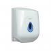 In the photo, there are two VOW hand towel dispensers and dryers from 2Work Mini. Both are white in color and one is a centrefeed dispenser.