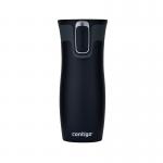 This photo features two Contigo travel cups and a thermos from the West Loop Autoseal line. The cups are 16oz/470ml in size and have a sleek matte black finish. The autoseal technology ensures a leak-proof experience while on the go.