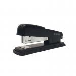 This image shows a sleek black half strip stapler with a metal body, bearing the CTS Staplers brand name. The stapler is filled with black staples and features a matching black button to release them. The design is modern and professional.
