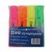 The photograph displays four unbranded highlighters in a variety of vibrant colors, neatly arranged in a wallet pack. Each highlighter is distinct with a smooth, pointed tip for precise highlighting.