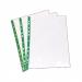 In this image, there are 100 clear, glass-like punched pockets that are labeled and sealed in a pack. Each pocket is A4 size and has a thickness of 50 microns. They are bound together with a green strip, providing a professional and organized appearance.