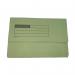 The photograph shows a stack of 50 green CTS document wallets. Each wallet is half-flap style and made of sturdy 220gsm Manila paper. The wallets are foolscap size, making them perfect for storing important documents.