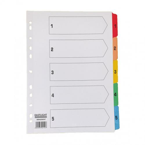 This photo shows a set of CTS Numbered Dividers, with 1-5 Index A4 White Mylar reinforced Multi-punched strips and Multi-Colored Numbered Tabs. The dividers are neatly organized and labeled, allowing for easy navigation and organization of documents. The tabs are vibrant and eye-catching, adding a touch of color to the white background.
