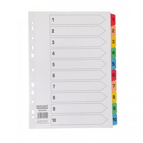 This image shows a set of CTS Numbered Dividers, consisting of 1-10 index tabs made of white Mylar material, reinforced with a multi-punched strip. The tabs are numbered in multiple colors, with the text 1 to 10 visible. These dividers are designed to fit A4-sized documents.