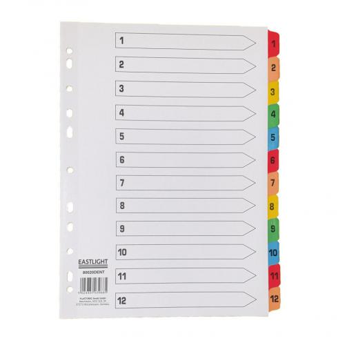 This photo shows a set of CTS numbered dividers. The index consists of 12 tabs, each with a different color and number. The A4 size dividers are made of white Mylar and are reinforced for durability. They are multi-punched for easy insertion into various binders or folders.