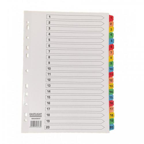 The photograph shows 20 white A4 index dividers with reinforced Mylar and multi-punched strips, each featuring a colorful numbered tab. These dividers have a modern and organized appearance, perfect for categorizing and organizing important documents or notes.
