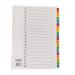 The photograph shows 20 white A4 index dividers with reinforced Mylar and multi-punched strips, each featuring a colorful numbered tab. These dividers have a modern and organized appearance, perfect for categorizing and organizing important documents or notes.