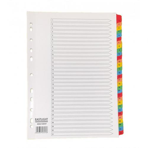 This image features a set of CTS numbered dividers with 1-31 index tabs, made of sturdy white Mylar and designed with multi-punched strips. Each tab is boldly labeled with a different color and number, providing an organized and visually appealing system for categorizing documents.
