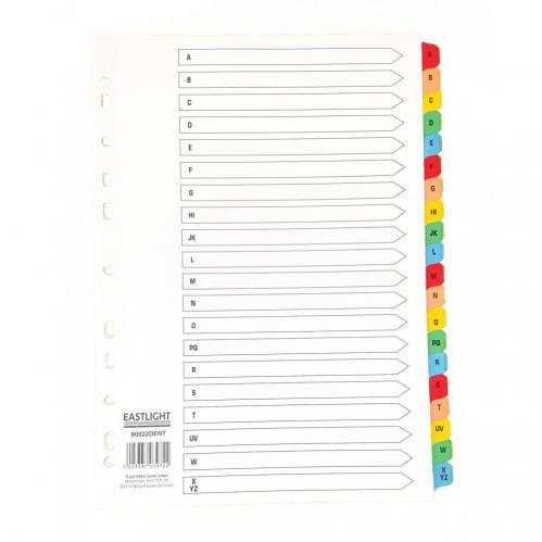 This picture features a set of CTS A-Z dividers with reinforced white Mylar and multi-colored lettered tabs. The dividers are A4 size and have a multi-punched strip for easy organization. Perfect for labeling and sorting documents alphabetically from A to Z.