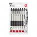 The photo features eight sleek and modern Zebra Z-Grip Retractable Ballpoint Pens. Each pen has a 1mm black tip and a distinctive zebra pattern design, making them a stylish addition to any writing collection.