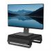 The picture shows a sleek and modern Fellowes monitor stand in black, complete with adjustable legs and a spacious platform. Two dust covers are also included, making it perfect for keeping your workspace organized and protected.