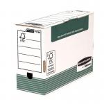 The picture shows 10 green Fellowes transfer cases, each measuring 360x255mm and utilizing the FSC system. The cases are sized to fit folio transfer files and are 120mm in height.