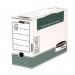 The picture shows 10 green Fellowes transfer cases, each measuring 360x255mm and utilizing the FSC system. The cases are sized to fit folio transfer files and are 120mm in height.