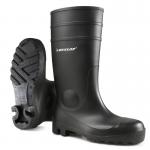 The picture displays a pair of rugged Protomaster Wellington boots from Dunlop, made of durable PVC material. These full safety boots come in classic black, featuring a sturdy sole for traction and protection. They are a size 12 and are designed for all-day comfort and durability.