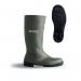 In the photograph, a pair of green Dunlop Protomaster Full Safety PVC Wellington boots can be seen. The boots, with a size of 6.5, feature a sturdy construction and a slip-resistant sole. The shiny PVC material adds durability and the tall design provides extra protection from the elements.