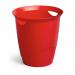 The photograph shows a sturdy red waste bin from Durable, with a 16L capacity. The bin is a part of the TREND collection and is labeled with the product name and brand logo. The bin appears to be made of durable materials and features a sleek design perfect for the office.