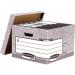 The photo shows a pack of 10 large, heavy duty R-Kive boxes by Bankers Box. Each box measures 380x287x430mm and is made with FSC certified materials for sustainability. The boxes have a plain brown exterior with the Bankers Box logo on the side. The lid has a secure lift-off design for easy access. These boxes are perfect for storing and organizing documents or files.