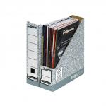 The picture shows a stack of 10 grey A4 magazine files organized neatly in a Bankers Box Books & Magazine Racks System. The files are made from FSC-certified materials and are labeled with the numbers 186004.