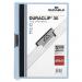 In the photo, there is a blue A4-sized folder with the brand name Durable printed on it. The folder features durable clip files, also known as DURACLIP 30, which securely holds papers and documents inside. The clip files are designed to last and provide maximum organization for important papers.