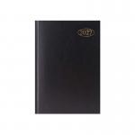 The photo shows a black Tallon A5 diary for the year 2026, with a week to view layout. The cover has a soft finish and the pages inside are white with black lines and month headers. The diary is compact and features a small square for each day, with space for notes at the bottom.