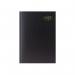 The photo shows a black Tallon A5 diary for the year 2026, with a week to view layout. The cover has a soft finish and the pages inside are white with black lines and month headers. The diary is compact and features a small square for each day, with space for notes at the bottom.