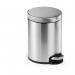 The picture shows a sleek stainless steel pedal bin, with a 5L capacity, that is strong and able to withstand use over time. The bin has a pedal mechanism for easy hands-free opening, making it convenient for any space.
