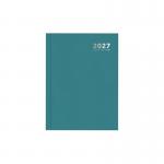 This photo features the Tallon A5 Diaries A5 2026 Week to View Diary in a beautiful bright teal casebound cover. The cover has gold foiled lettering and detailing, giving it a luxurious look. The diary has a week-to-view layout with plenty of space to jot down daily appointments and notes. The pages are cream-colored and there is a ribbon bookmark attached to easily keep track of your place. Overall, this diary has a sleek and professional design.