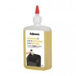 The Fellowes Shredder Oil Powershred Bottled Lubricant is a clear, 355ml bottle of high-quality shredder oil. The label features the Fellowes logo and product name. The bottle is designed to help keep shredders running smoothly and efficiently. The oil is specially formulated for use with Fellowes shredders, and the compact size of the bottle makes it easy to store and use.