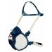 The picture shows a half face mask in blue and white with 3M branding. The mask features a dual cartridge system and adjustable straps. It is designed to protect against dust, fumes, and organic vapors. The packaging states FFA1P2 R D indicating the masks efficiency.