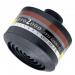 A close-up image of 3M respirator filters shows a cylindrical shape with a black outer casing and a white label with the 3M logo. The label states that it is a DT-4036E CF22 A2B2E1P3 R D filter from 3M. The filter also features blue and yellow markings on the top.