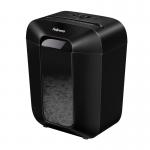 The picture shows a sleek and modern Fellowes Home Shredder, the Powershred LX45 in cross cut design. It is plugged into a UK outlet and has the model number 4401501 visible.