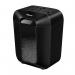 The picture shows a sleek and modern Fellowes Home Shredder, the Powershred LX45 in cross cut design. It is plugged into a UK outlet and has the model number 4401501 visible.