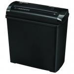 The image shows a compact and sleek Fellowes Home Shredder, with a strip cut mechanism, designed to fit UK voltage of 220-240V. The product has a model number of 4701101 and is a powerful shredding machine.