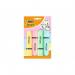 The photograph displays four Bic Tank Highlighters in assorted pastel colors. The highlighters have a wide barrel and visible ink level. Each highlighter has a streamlined cap and a sturdy chisel tip, perfect for labeling and highlighting important information. The colors are soft and bright, making them ideal for adding a pop of color to any document.