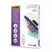 The photograph shows a stack of Fellowes laminating pouches, specifically the IL laminating pouch in A5 size. The pouches are made of 80mic thickness and come in a pack of 100. The packaging is marked with the brand logo and product name.