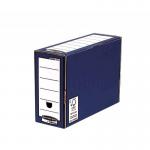 This photograph showcases a set of 10 premium Bankers Box transfer cases in a vibrant blue color. Each case measures 127mm in width, 254mm in length, and 359mm in height. The cases are made with eco-friendly materials and are perfect for storing and organizing important files.