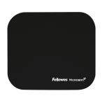 This picture shows a Fellowes mouse mat in sleek black with the added feature of Microban for antimicrobial protection. The mouse pad has a smooth surface and a non-slip base, providing a comfortable and secure workspace for your computer mouse.
