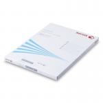 The photograph captures a sheet of white Xerox laser labels with square corners and a face dimension of FSC4, 16Up, 105X37mm. The labels are permanent and come in a pack of 100. The brand name Xerox is visible on the top of the sheet.
