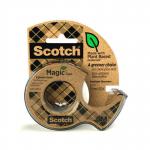 This picture features the Scotch Eco Desk Essentials set, including a roll of Scotch® Magic Tape with 66% plant-based adhesive. The tape is 19 mm wide and 20 m long, and comes in a convenient handheld dispenser pack.