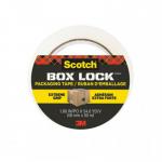 The photograph features a clear roll of Scotch Packing Tape, labeled Scotch® Box Lock Packaging Tape 3950. The tape is 48 mm wide and 50 m long, wrapped neatly around a roll. The packaging indicates 1 RollPack with the product number stated below.