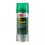 The photo shows a 400 ml can of 3M Spray Adhesive with a label reading Scotch ReMount Adhesive Spray. The can is blue and silver with the 3M logo prominently displayed. The nozzle is visible and there is a red cap covering it. The can is sitting on a white background.