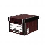 The photo shows a stack of 10 Fellowes Bankers Box Premium Classic Boxes, each measuring 257x342x400mm. The boxes have a woodgrain design and feature the FSC logo, indicating they are made from sustainably sourced materials.
