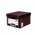 The photo shows a stack of 10 Fellowes Bankers Box Premium Classic Boxes, each measuring 257x342x400mm. The boxes have a woodgrain design and feature the FSC logo, indicating they are made from sustainably sourced materials.