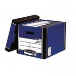 The image shows a pack of 10 blue Fellowes Bankers Box Premium Tall Boxes. Each box measures 303x342x400mm and is FSC-certified. The boxes have a sturdy construction and a foldable lid for easy storage. Ideal for organizing documents and files in an office or home setting.